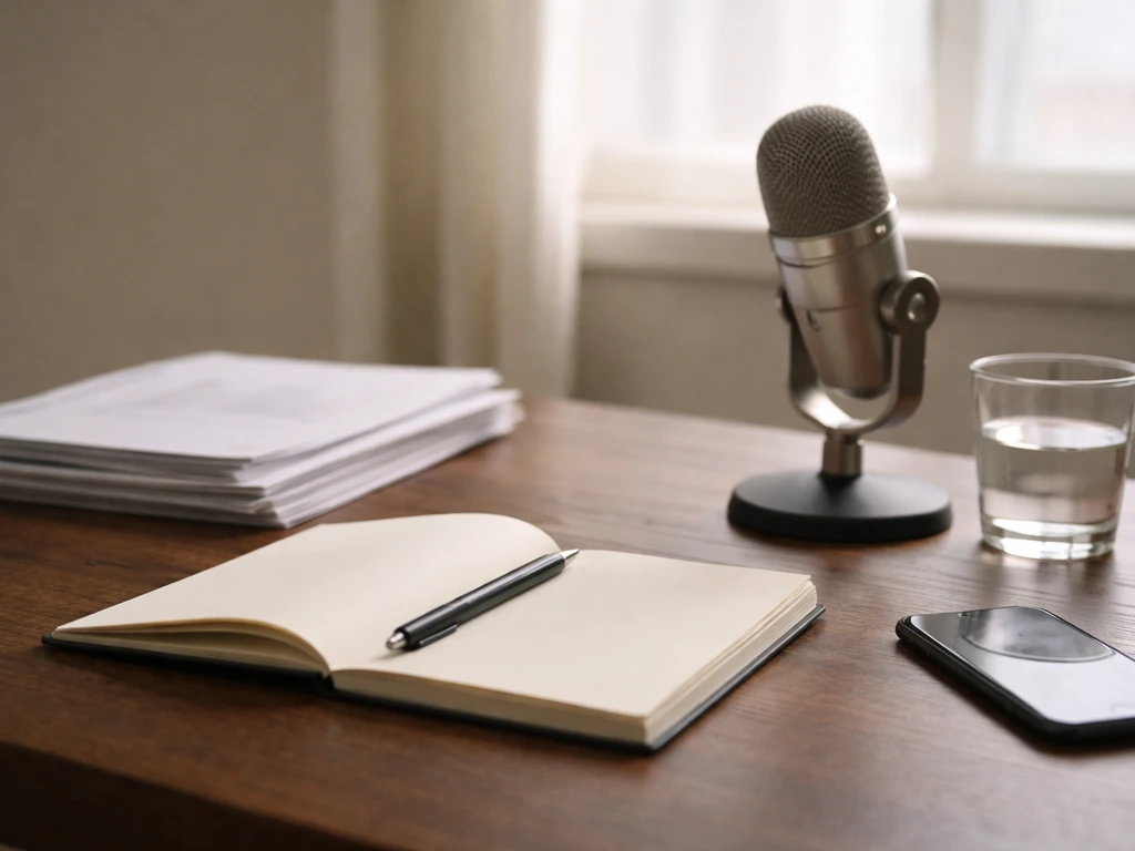 Minimal studio desk with microphone and a notebook, suggesting private financial estimation behind the scenes.