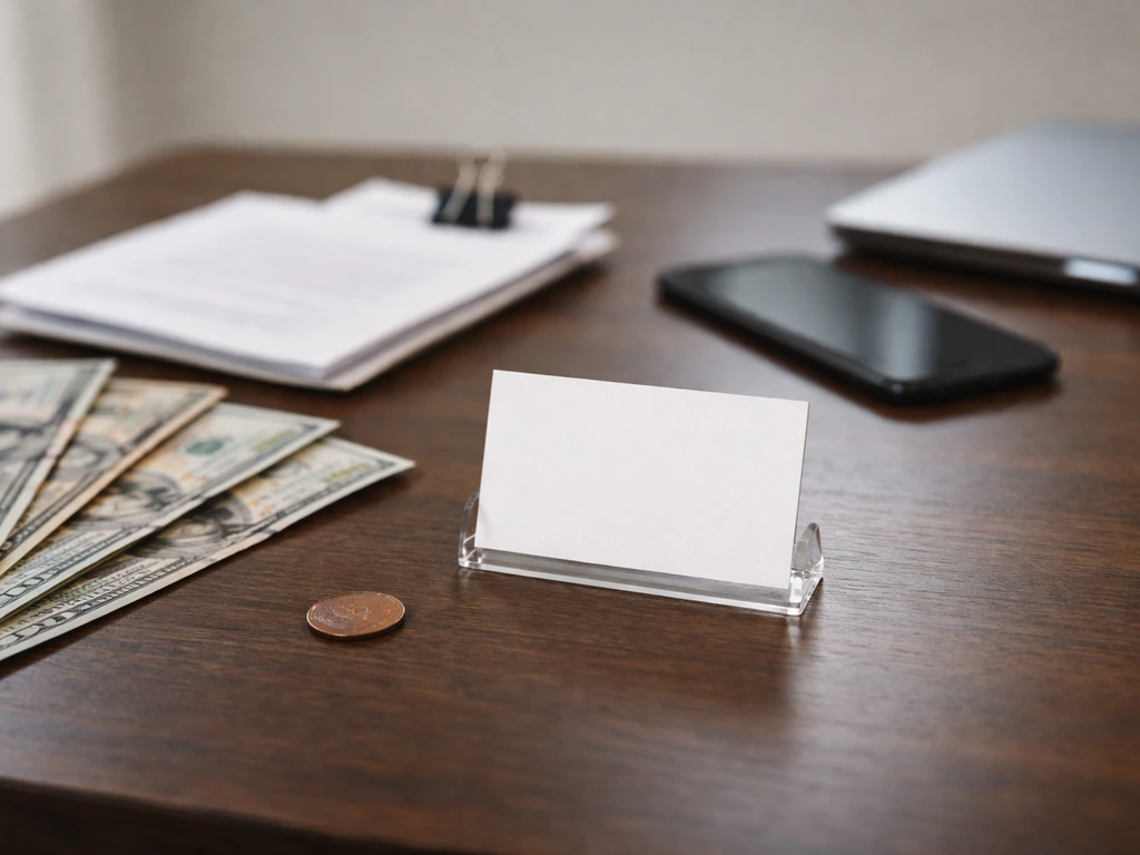 Minimal desk scene with cash and blank cards symbolizing a fluctuating net worth estimate range.