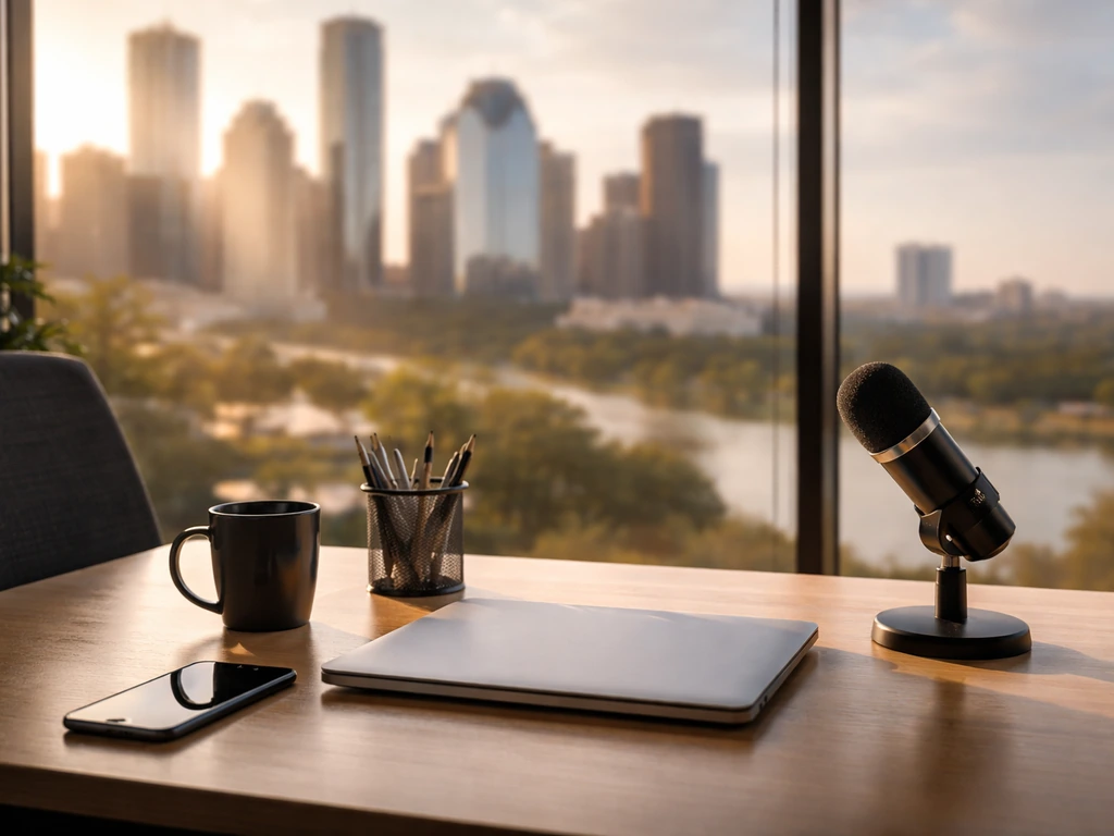 Minimal office desk with a microphone and laptop, warm light, blurred city skyline through glass.