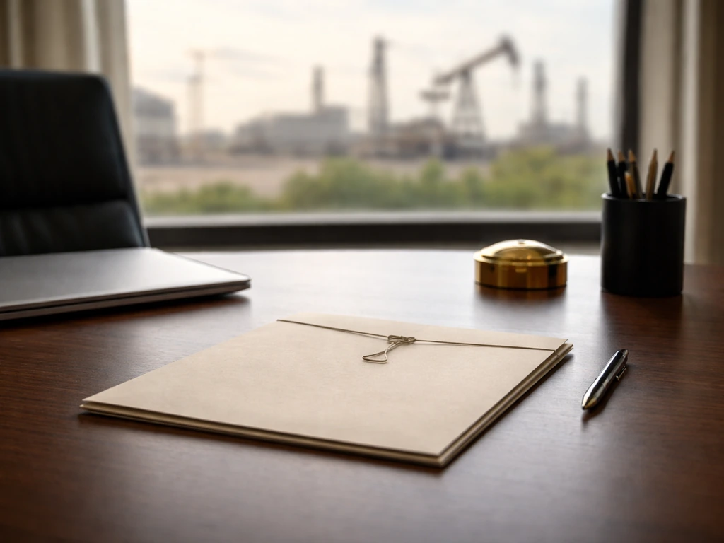 Sealed business document folder on a desk with a closed laptop, suggesting a 2014 acquisition deal.