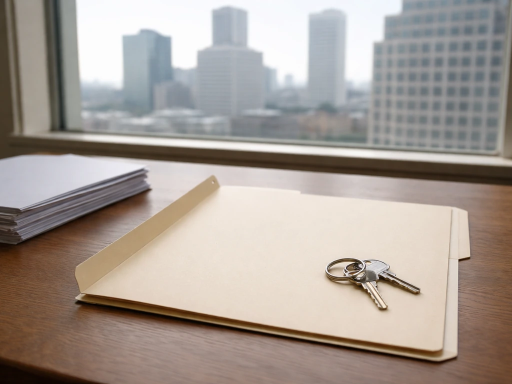 Minimal photo of a mortgage record folder and keys on a desk beside a city skyline, symbolizing loan exposure.