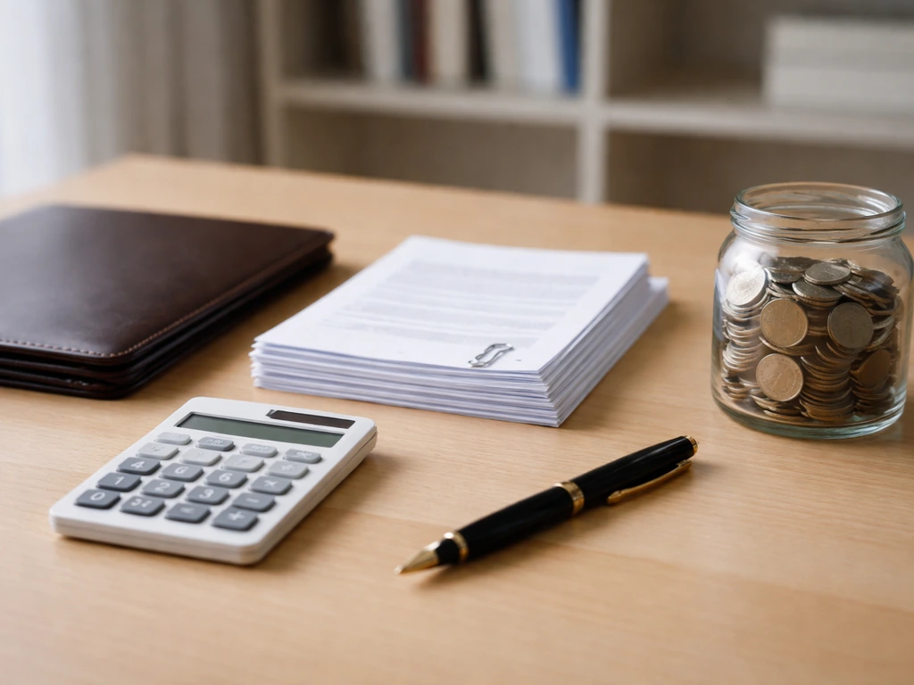 Minimal desk with calculator, documents, pen, and coins symbolizing assets minus liabilities.