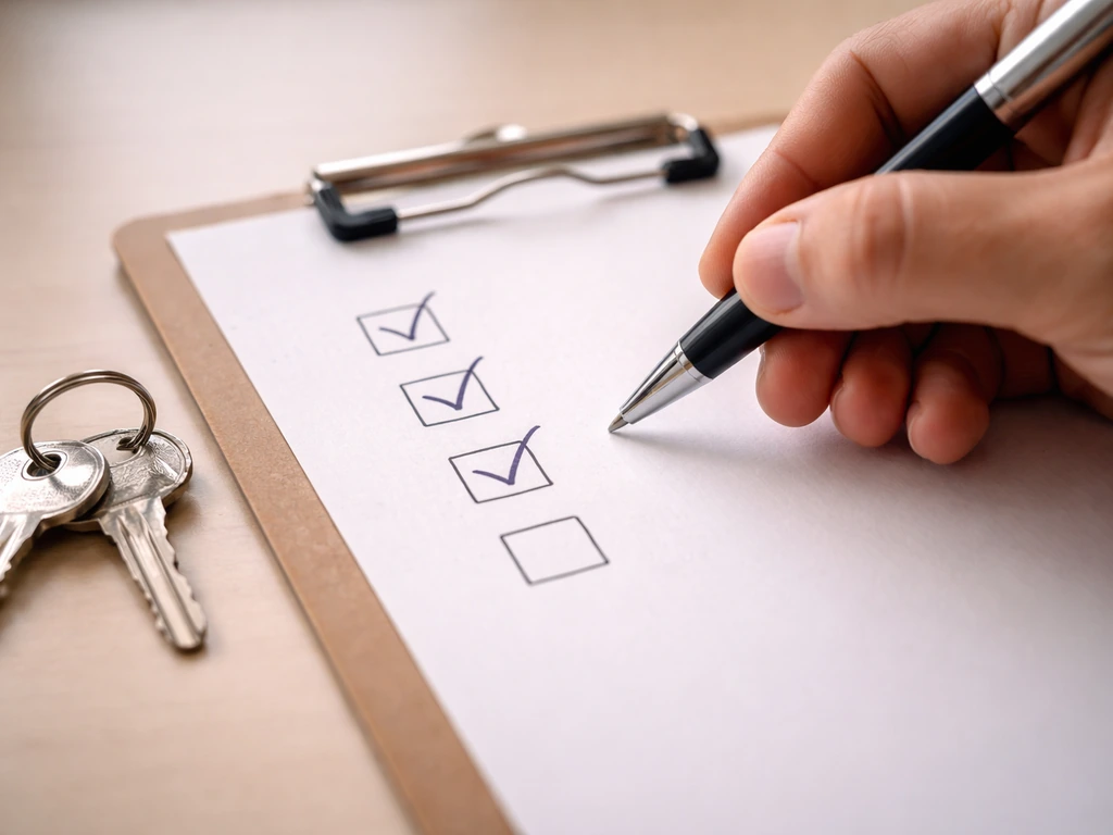 Close-up of a hand marking a simple checklist beside a clipboard and keys, suggesting property record verification.