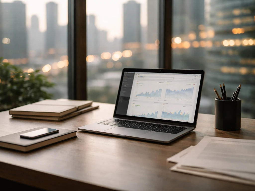Modern institutional office desk with finance cues—laptop, notebook, and blurred stock-market light—symbolizing hedge-fu