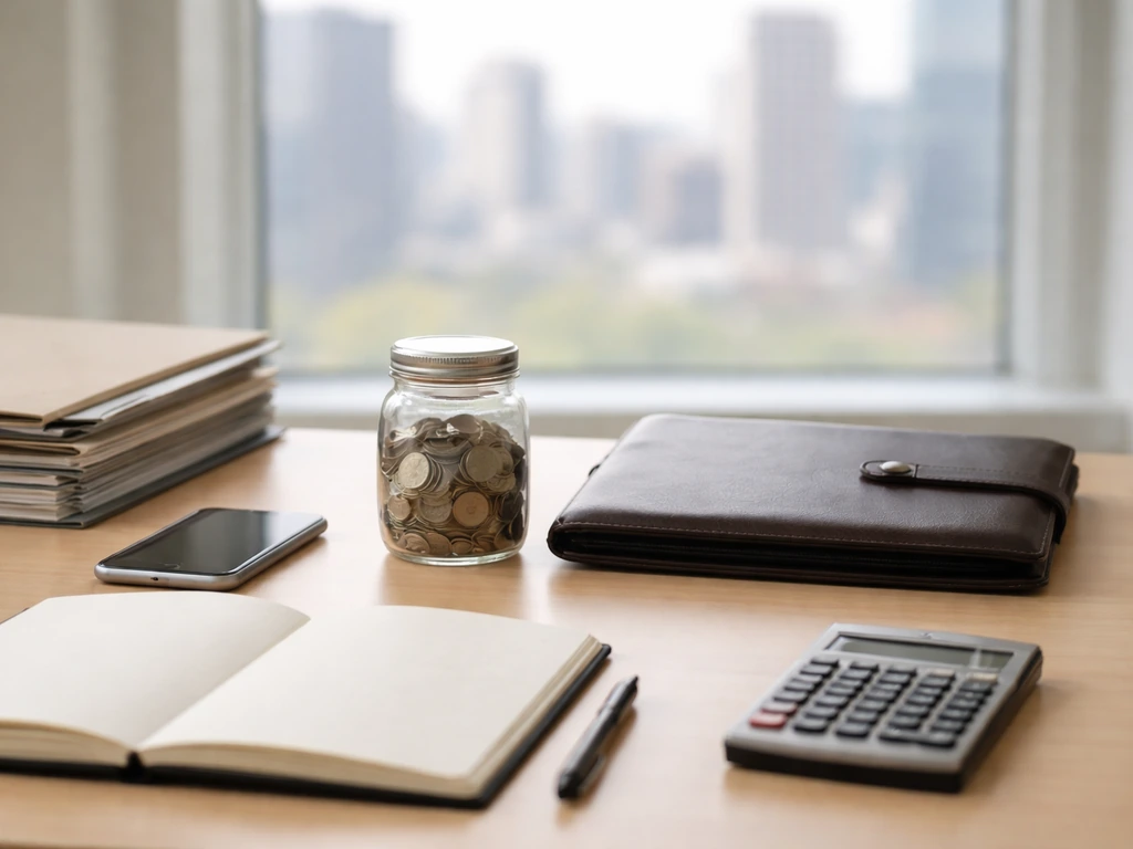 Minimal finance desk scene showing two symbolic money buckets for hedge fund fee and carry components.