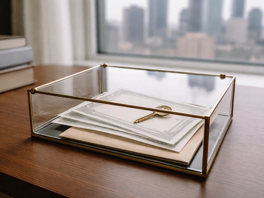 Blank share certificates in a glass case on a desk with a city view through a window.