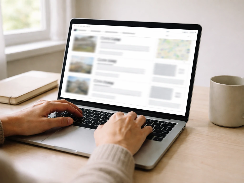 Close-up of a laptop showing blurred real estate search results and a privacy-safe map overlay