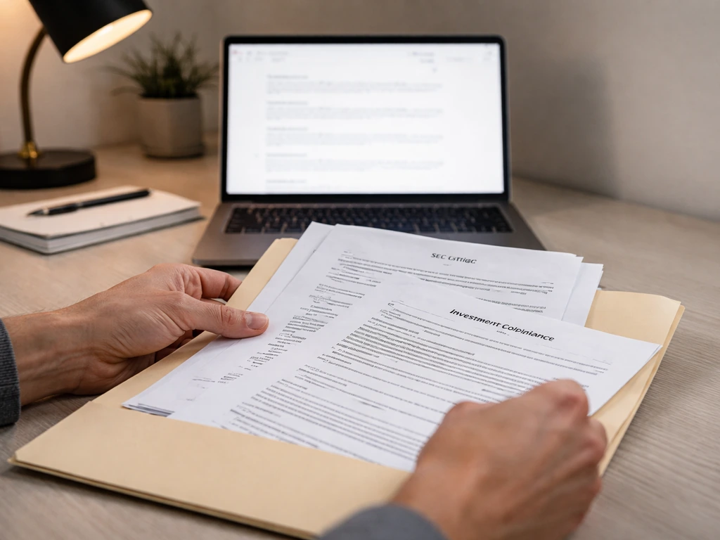 Close-up of hands sorting printed SEC and investment compliance documents beside a laptop search interface