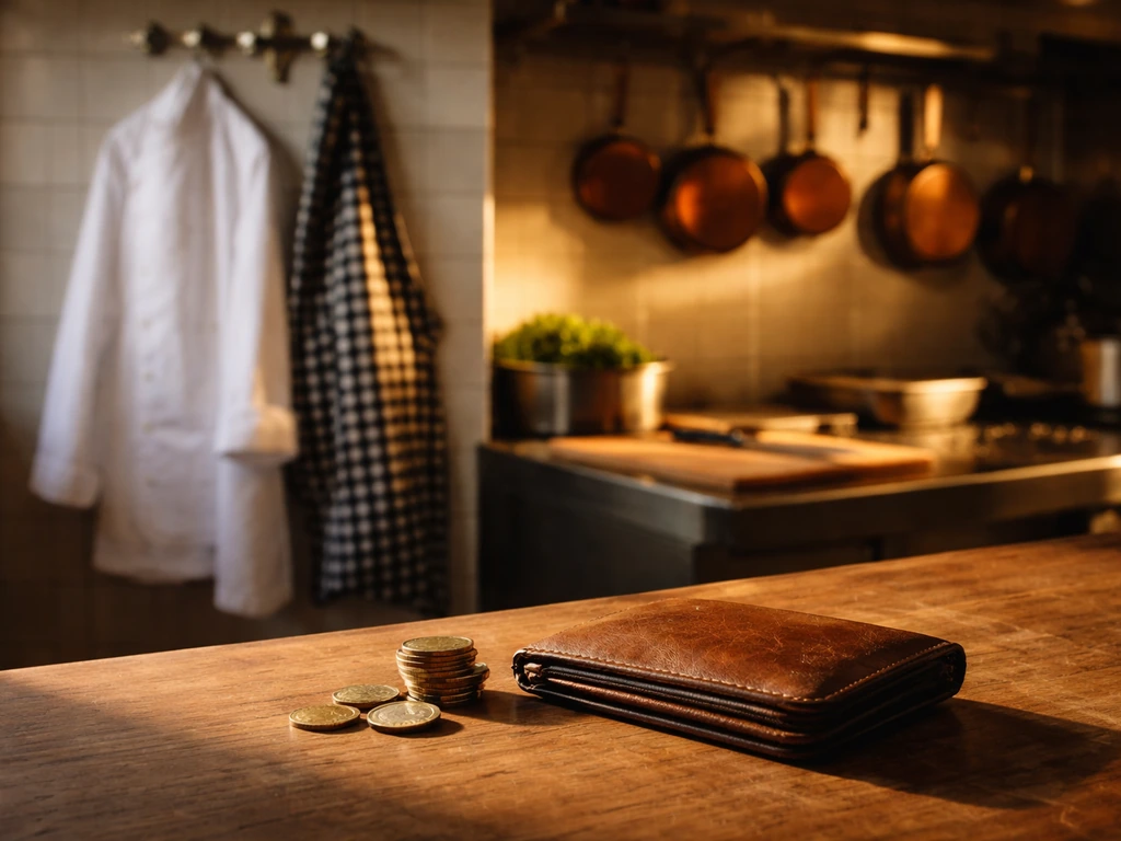 Elegant restaurant kitchen scene with a chef’s apron and cash-like prop kept out of focus