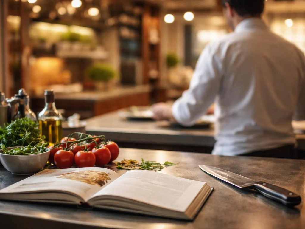 Italian TV kitchen set with a cooking host silhouette and warm studio lights, media atmosphere