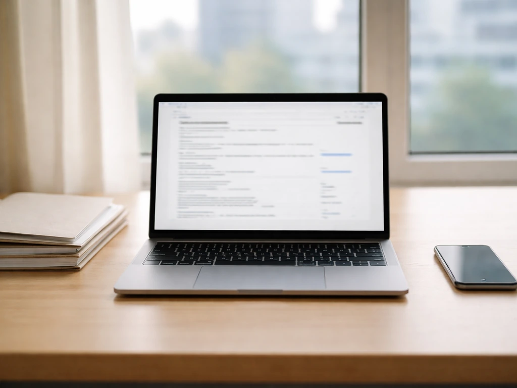 Close-up of a desk with an open laptop and blurred business registry documents in soft daylight.