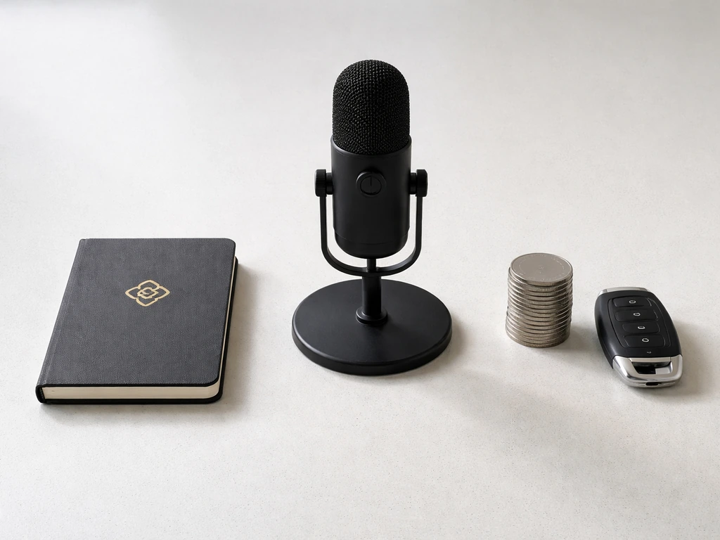 Minimal desk with items laid out side-by-side to suggest a quick comparison of business entities and scale.