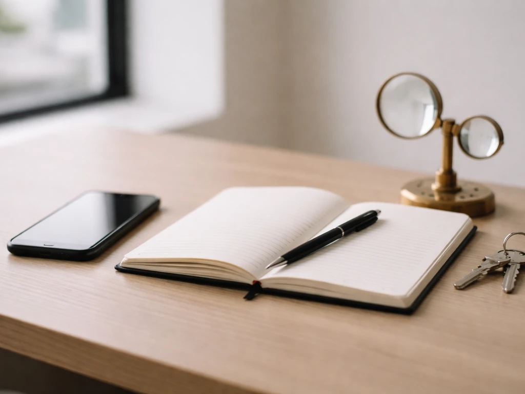 Smartphone, notebook, pen, and magnifying glass on a clean desk symbolizing verifying financial info.