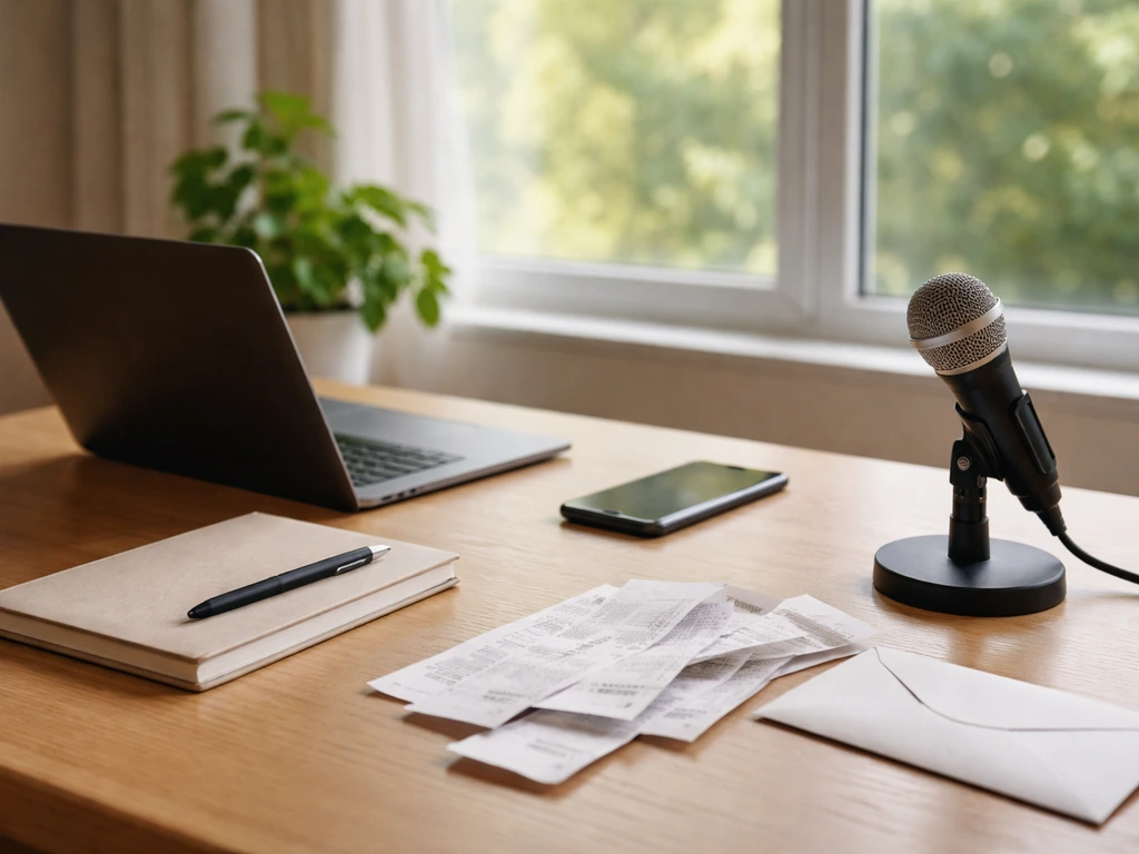 Minimal desk scene with laptop, phone, receipts, plant, and microphone symbolizing net-worth research