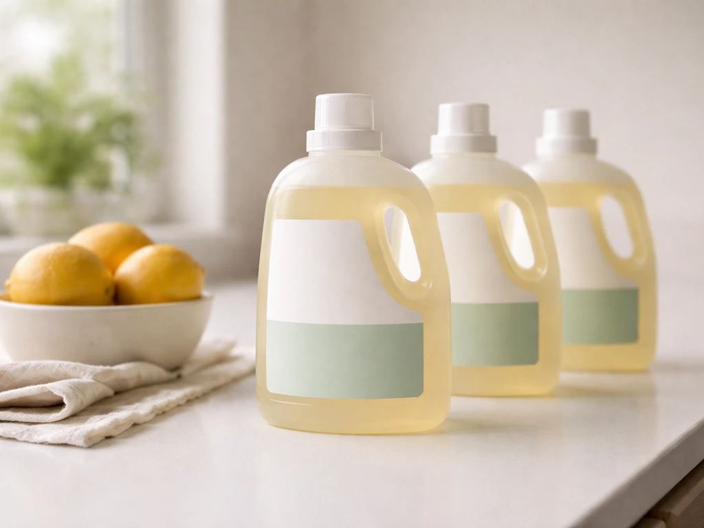 Eco laundry detergent bottles on a clean countertop near lemons and a cotton cloth, soft natural light.