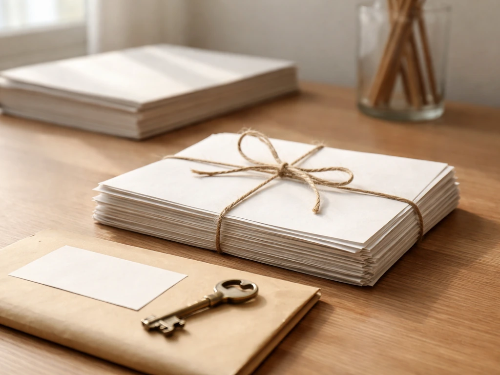 Close-up of generic ownership documents and a brass key on a wood desk by a window.