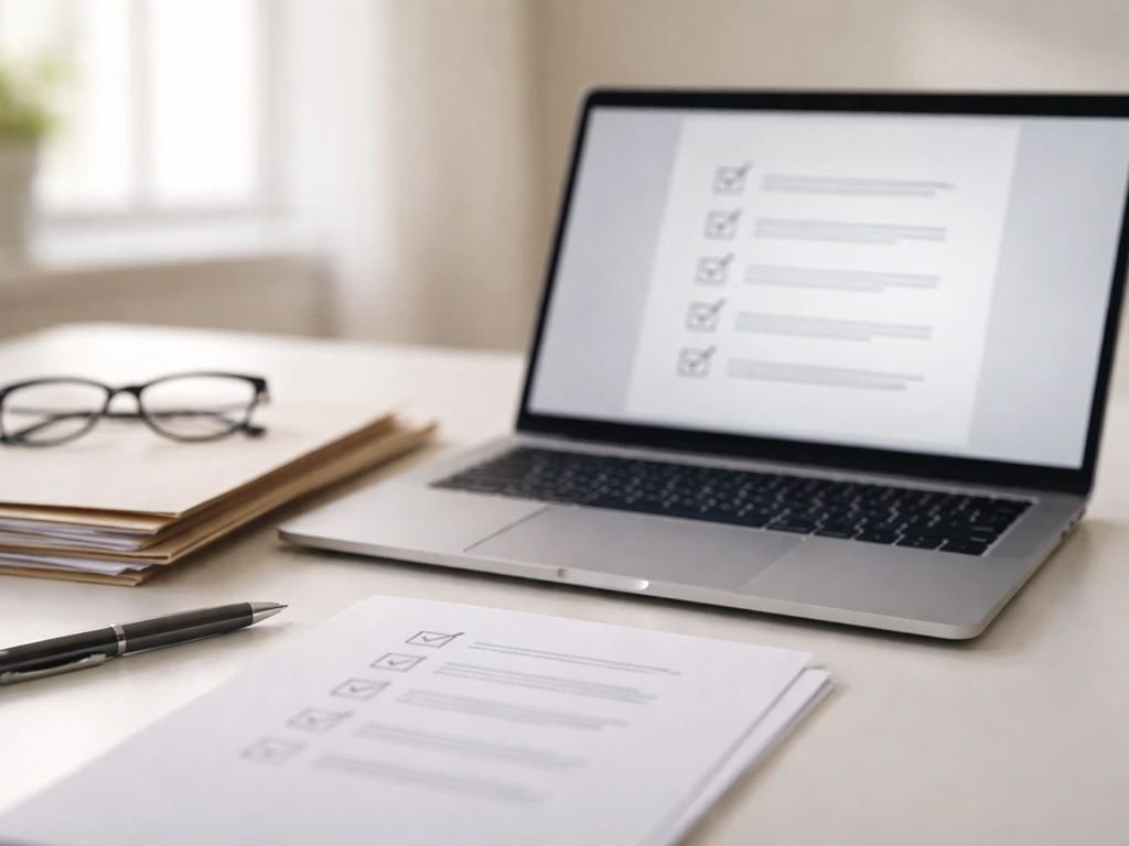 Minimal photo of a laptop beside neatly stacked legal documents and a blurred checklist, symbolizing source verification