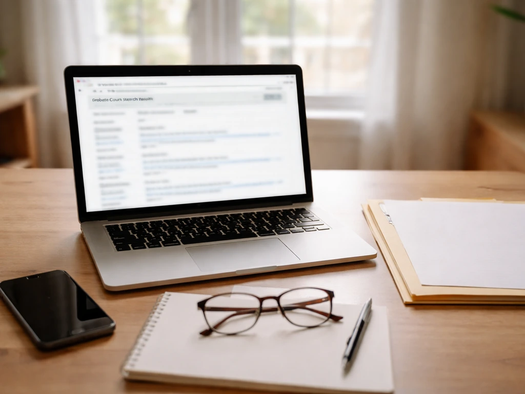 Close-up of a laptop and documents on a desk, symbolizing probate record search and re-evaluation.