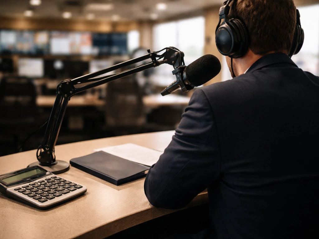 Anonymous broadcaster in a local news studio with a microphone, desk items, and blurred newsroom background.
