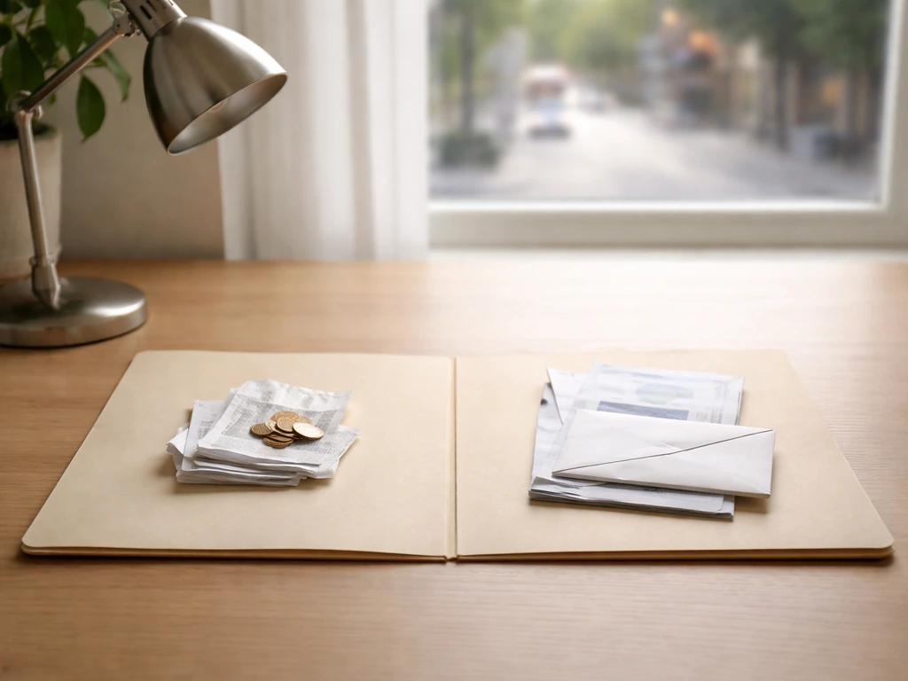 Minimal desk with split piles of coins/receipts and bills in natural light, symbolizing assets vs liabilities.