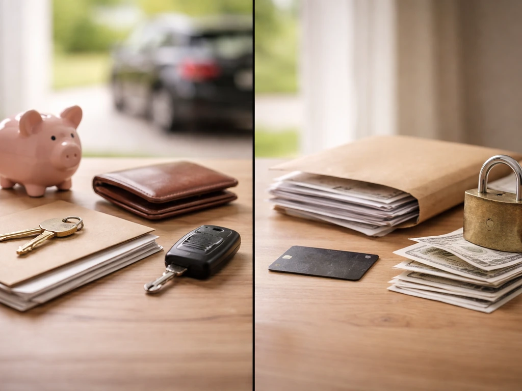 Table scene showing asset items (keys, wallet, piggy bank) vs liability items (paperwork, padlock, bills).