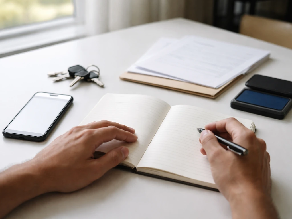 Minimal desk scene showing a notebook, phone, and courthouse-style folder for DIY record checks.