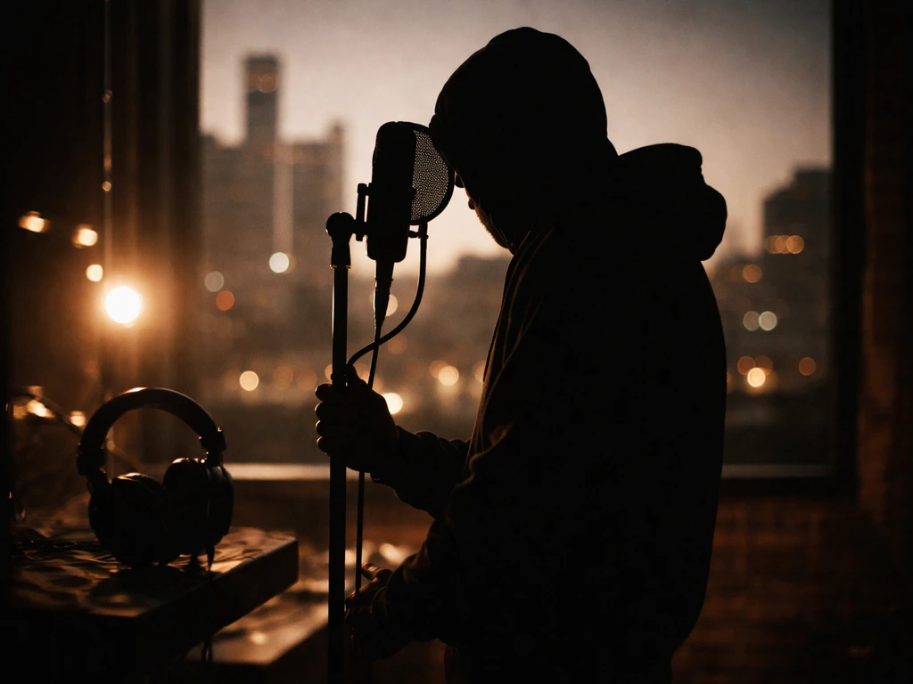 Anonymous performer silhouette at a studio microphone with headphones, suggesting an artist identity search context.