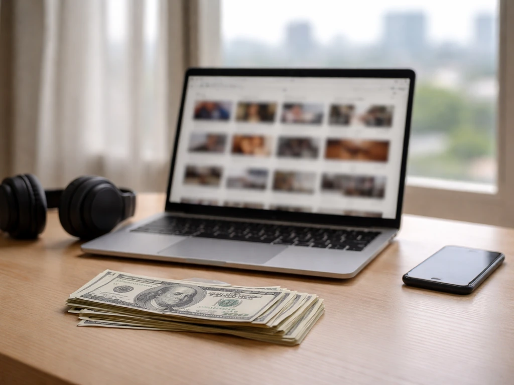 Minimal photo of a music producer’s desk with a laptop showing streaming-style thumbnails and cash notes