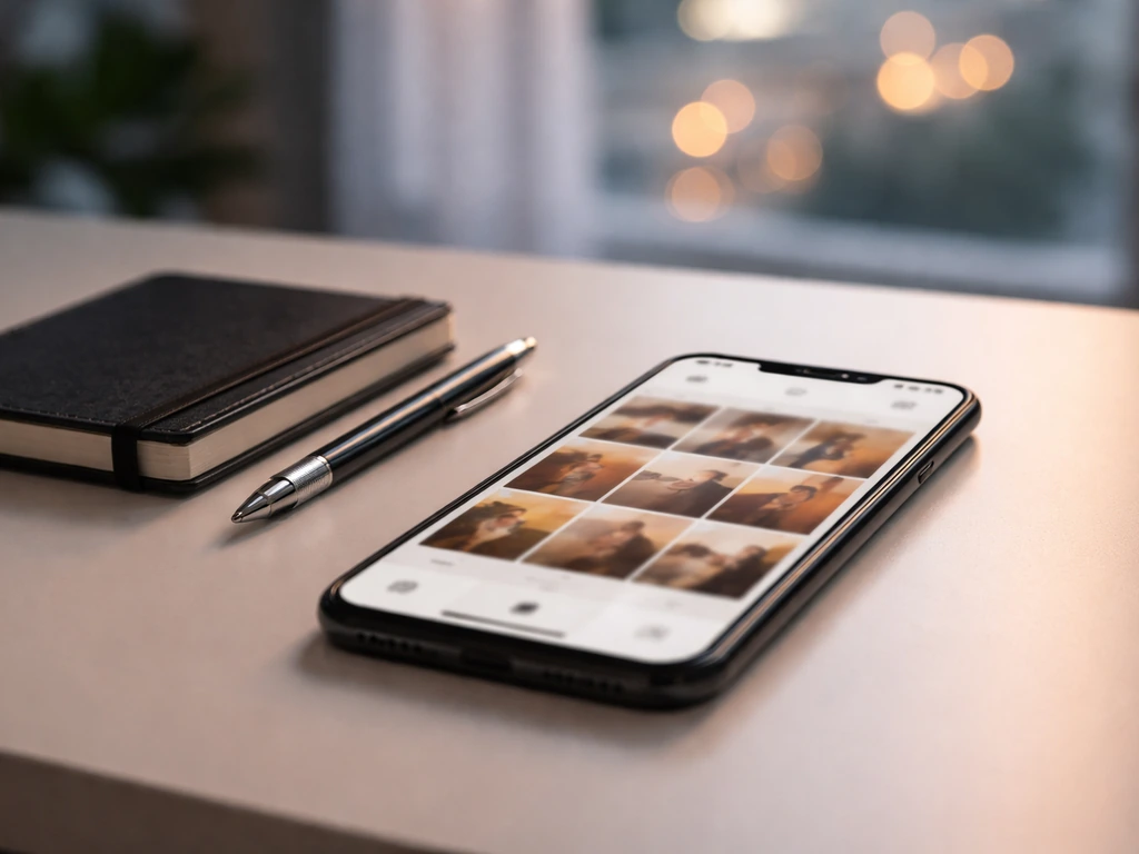 Minimal photo of a smartphone on a desk showing blurred social media style content without readable numbers.