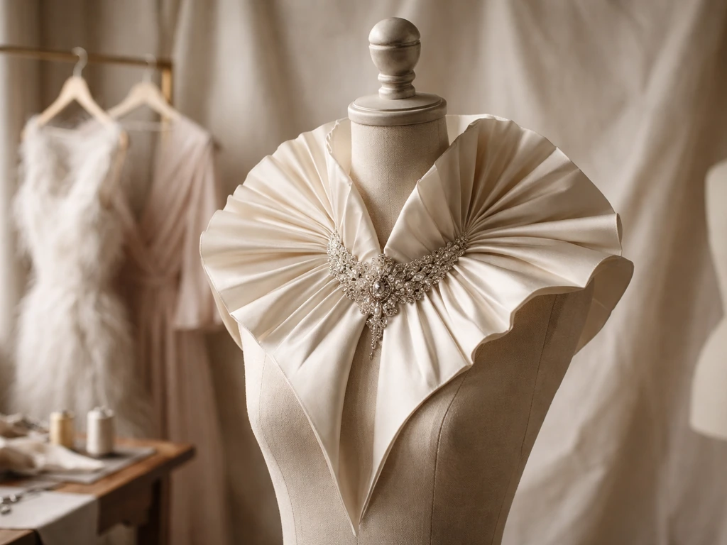 Elegant couture collar on a mannequin in a quiet fashion atelier, with subtle garment cues behind it.
