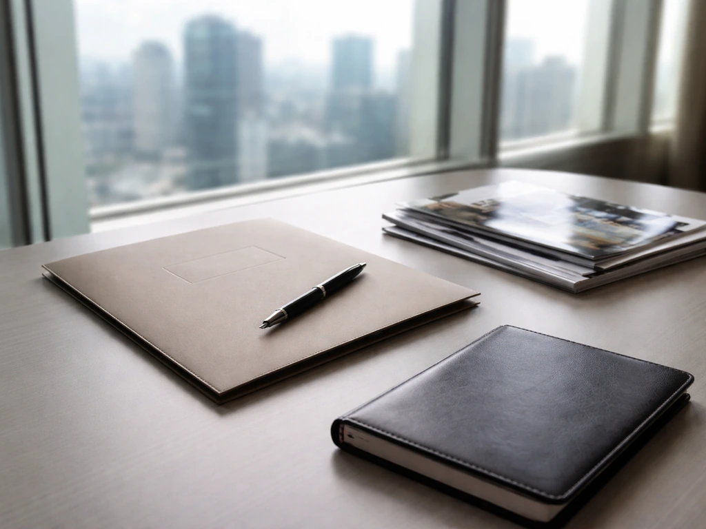 Minimal office desk with pen and business magazines by a window overlooking a blurred city skyline.