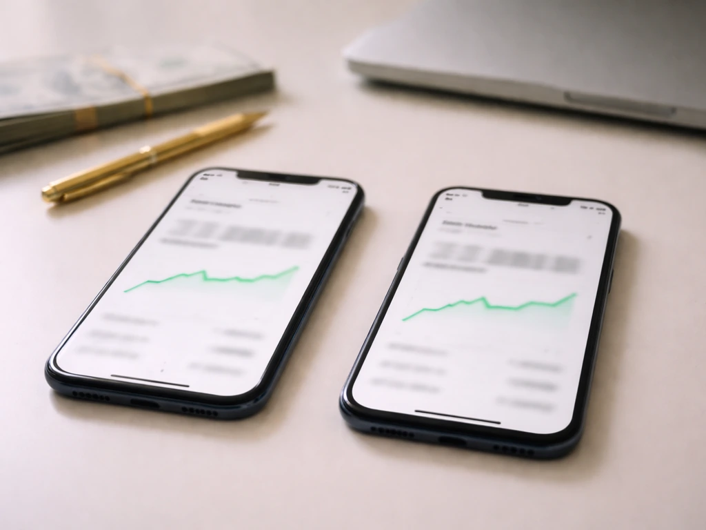Two smartphones on a desk with conflicting unreadable finance screens beside cash and a pen.