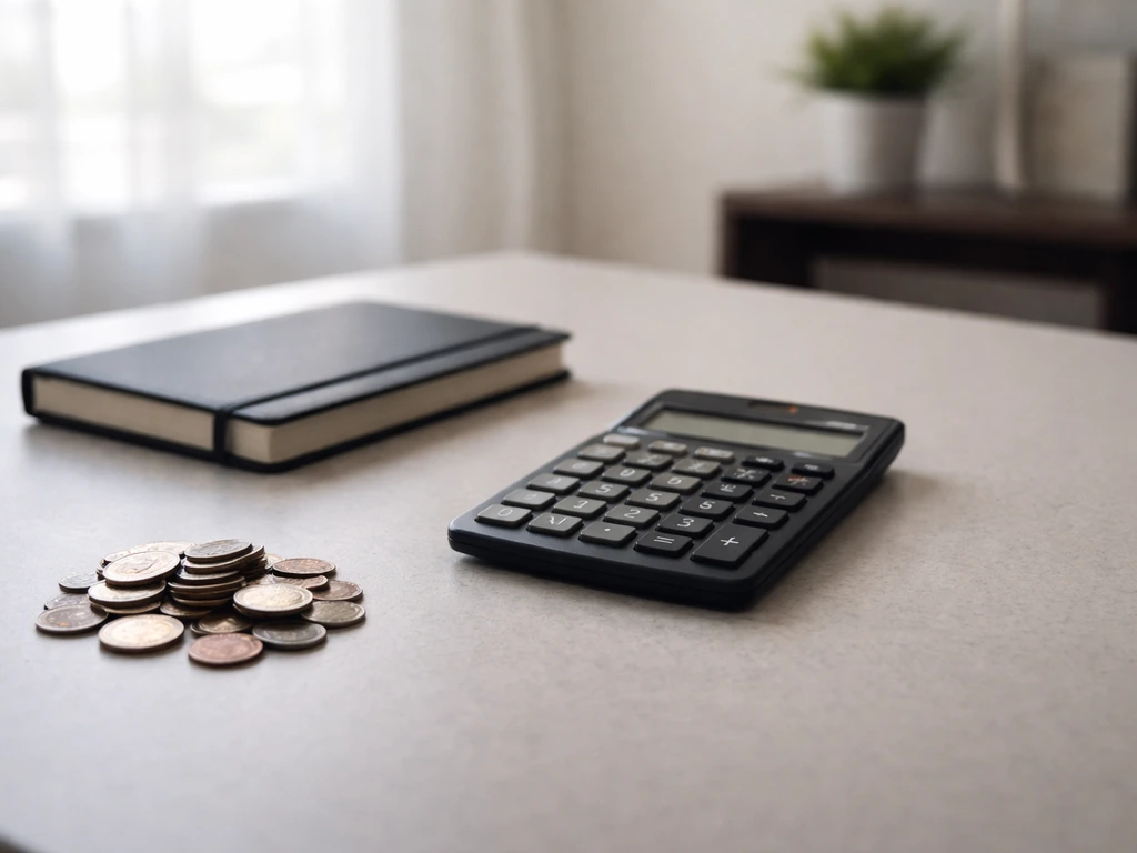 Minimal office desk with scattered coins and a calculator, symbolizing a net worth estimate range.