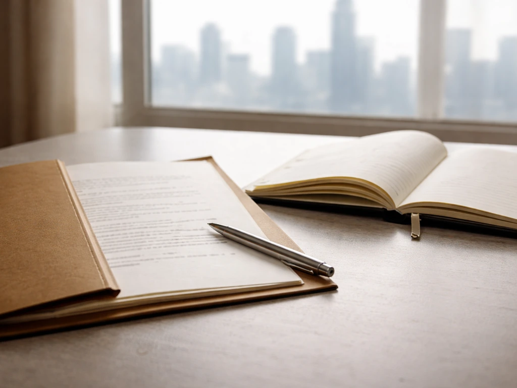 Desk with a partially open salary document folder and ledger notebook in natural light.