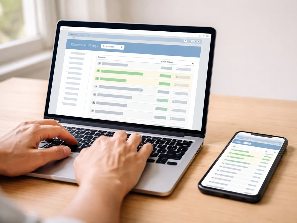 Hands using a laptop and phone to view generic municipal filings and property search results.