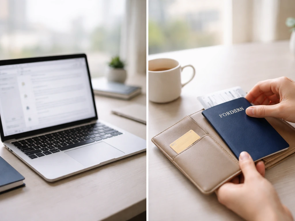 Minimal office scene with a laptop and passport, symbolizing identity verification for a luxury travel executive