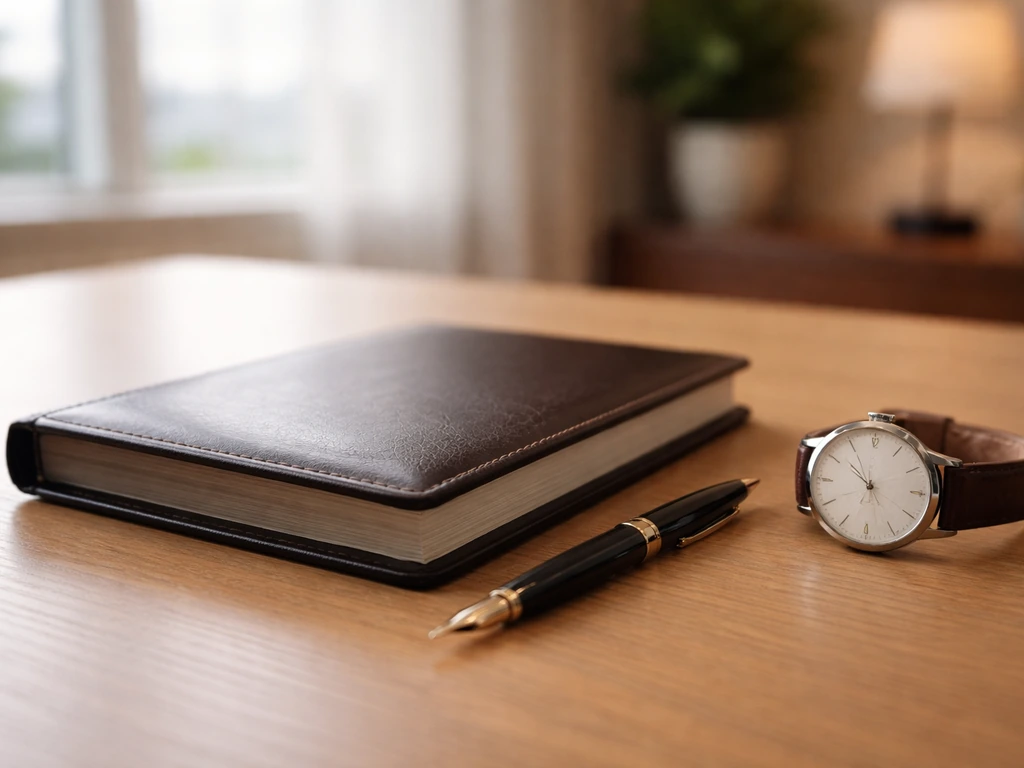Minimal desk scene with a closed leather ledger, pen, and a watch suggesting executive compensation signals.