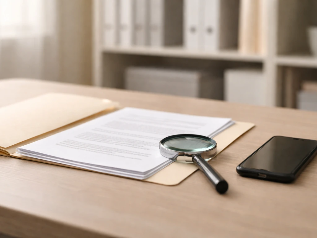 Desk with printed documents and a magnifying glass, suggesting checking financial figures vs online claims.