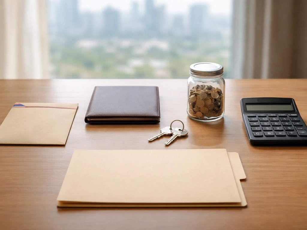 Minimal desk photo showing a government envelope, house keys, coins, and calculator symbolizing public income and assets