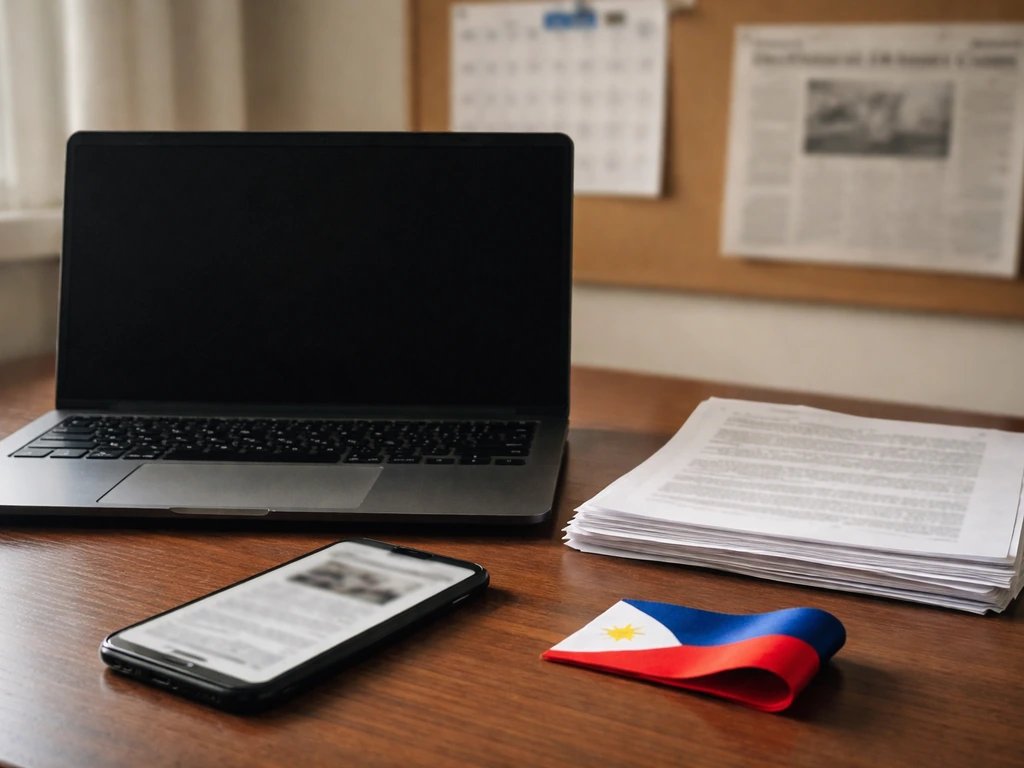 Minimal newsroom desk with laptop, blurred news phone, and Philippine flag ribbon, suggesting SALN-linked reporting.