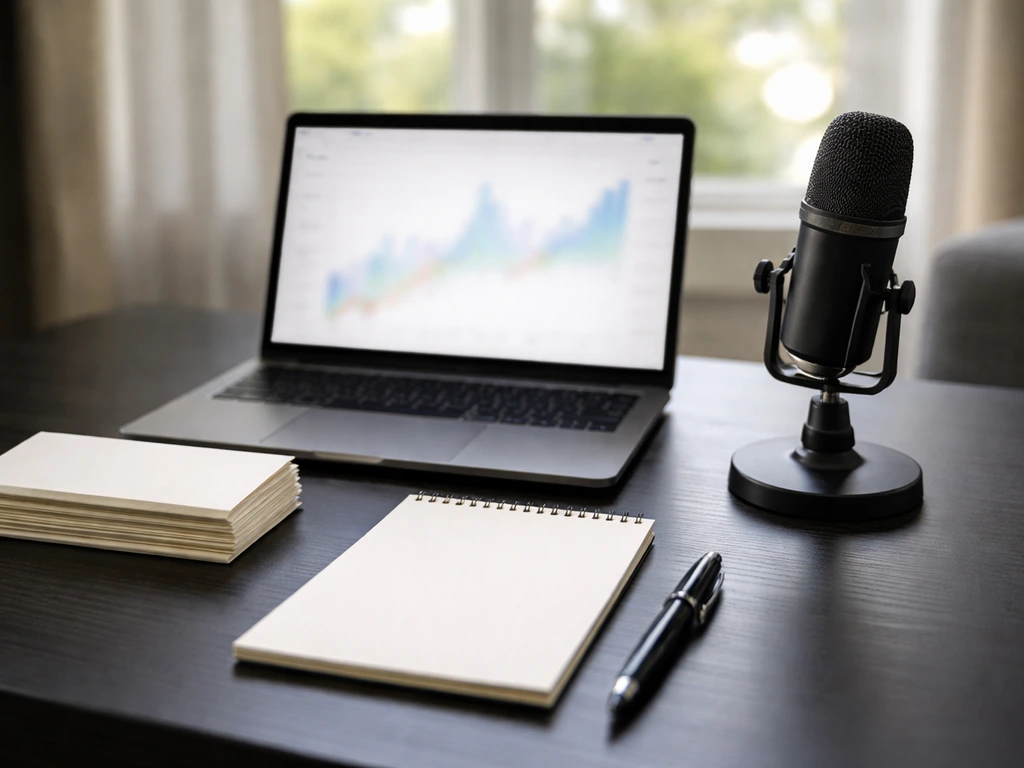 Minimal desk with laptop, microphone, blank notepad, and cash envelopes symbolizing net-worth analysis.