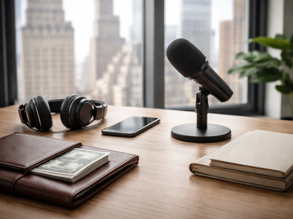 Studio desk with microphone, headphones, and an unbranded money portfolio, NYC window in soft blur.