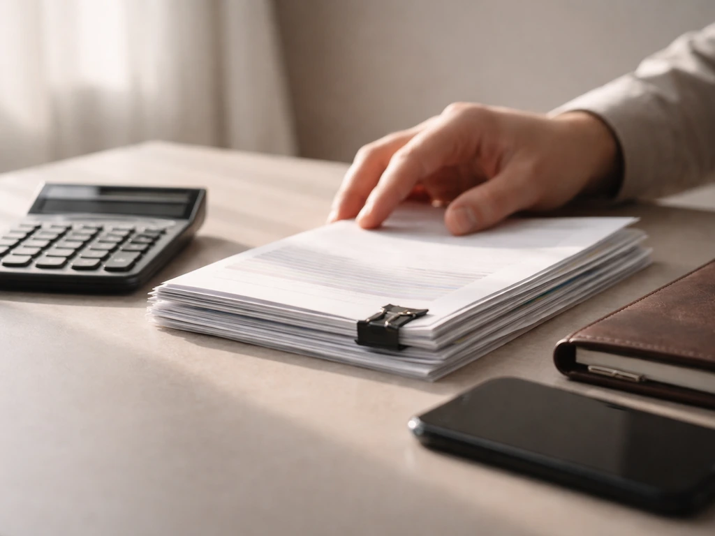 Minimal desk photo with papers and calculator symbolizing net worth calculation and uncertainty.