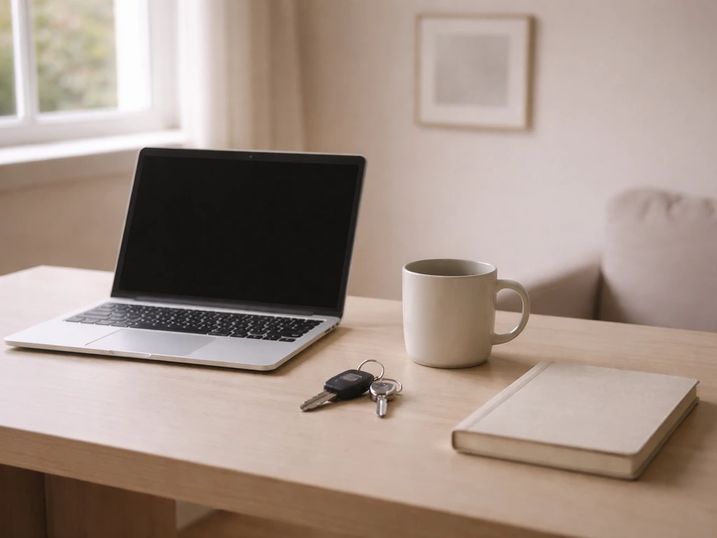 Minimal home office desk with a laptop, keys, and a neutral framed photo, suggesting modest assets
