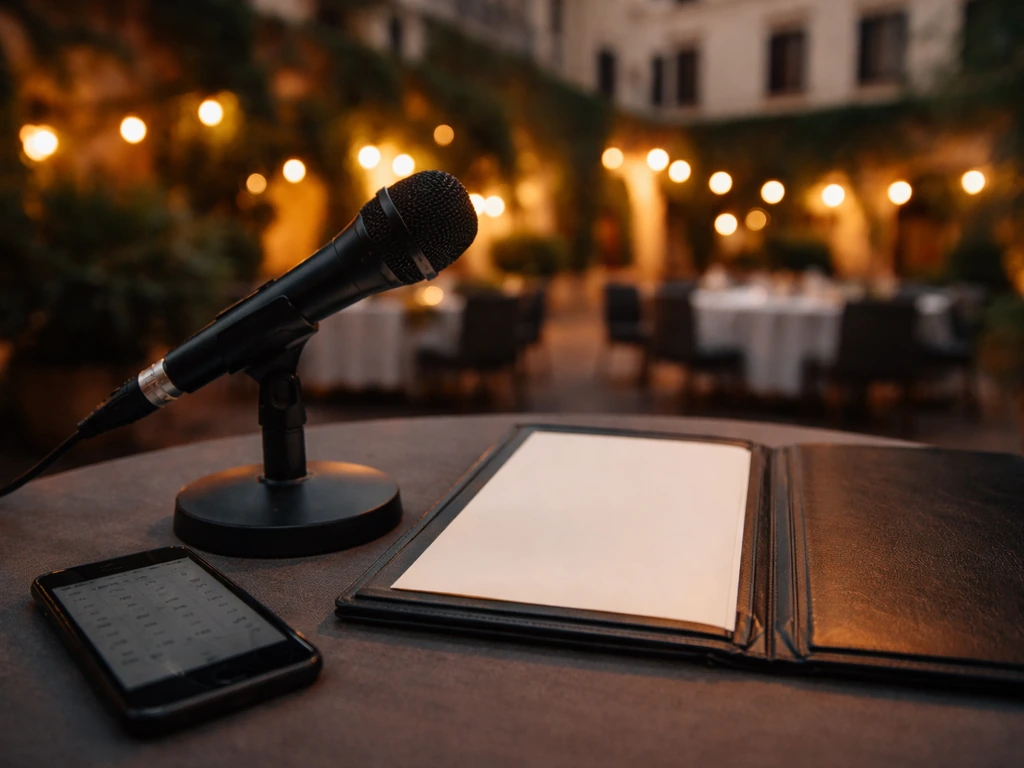 Evening event backdrop with a small microphone and a polished invoice-style folder, symbolizing paid appearances