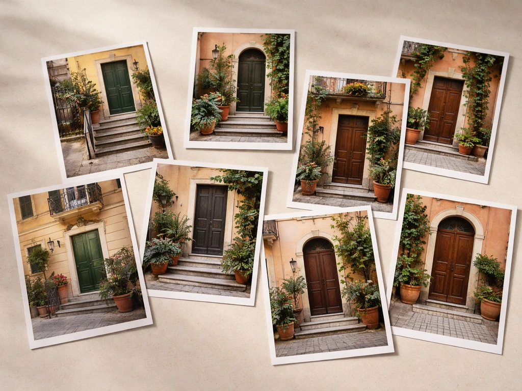 A set of six to seven generic Italian property exterior/entry photos on a tabletop.