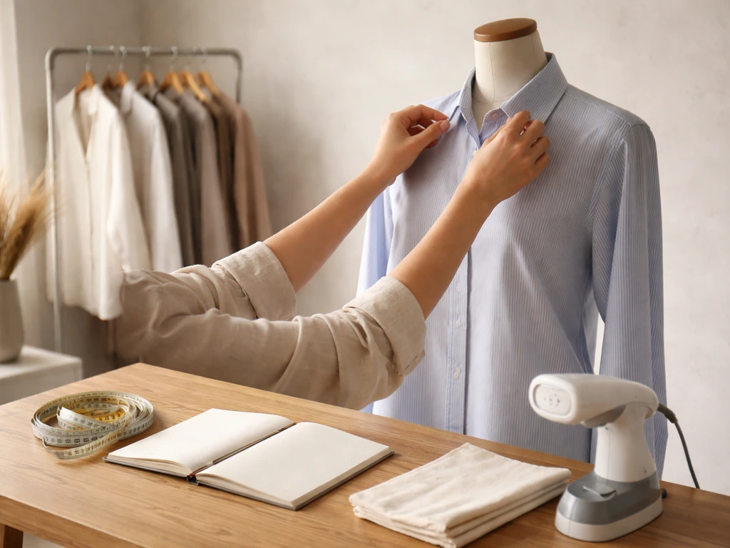 A personal shopping coach’s desk with clothing items, measuring tape, and a simple rack in soft daylight