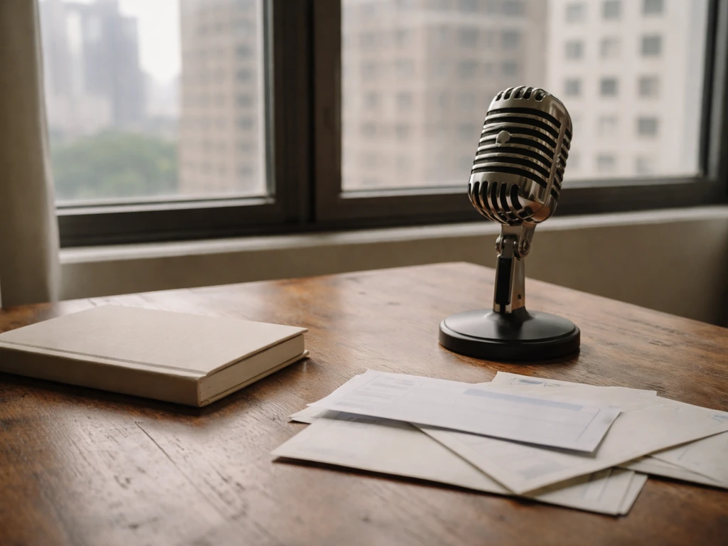 Minimal desk scene with a vintage microphone and envelopes, symbolizing media income sources.