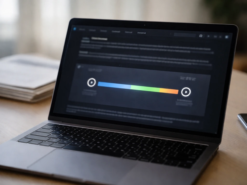 Laptop screen in dark mode showing a generic estimate range layout with money-business desk items.