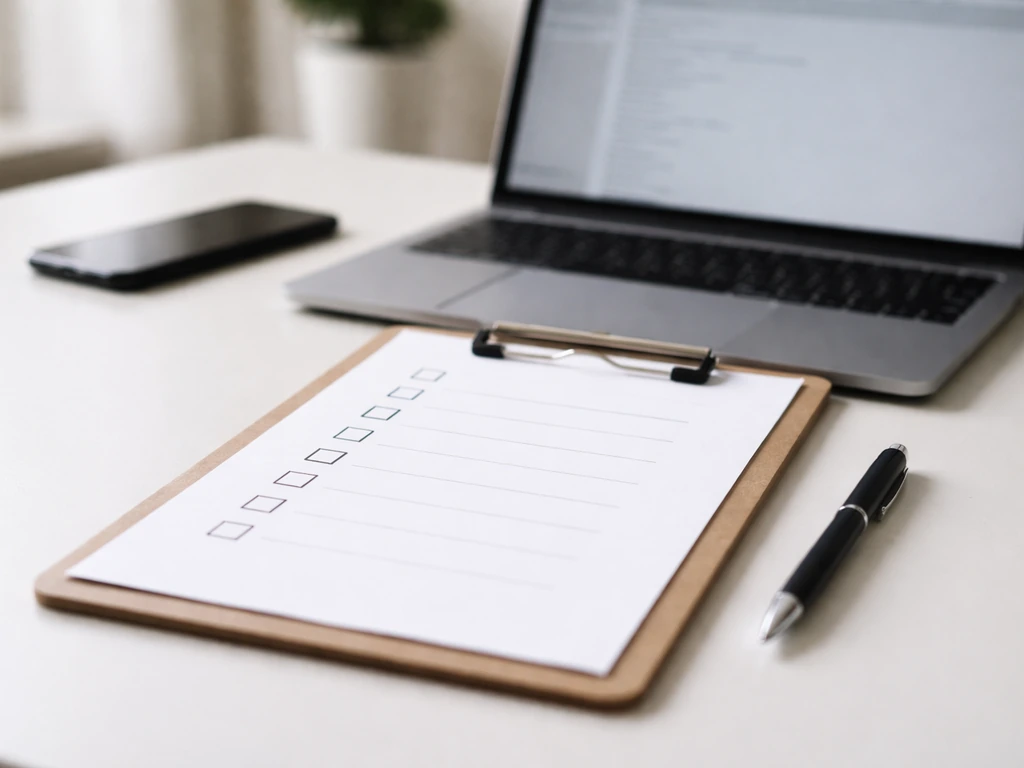 Minimal photo of a checklist clipboard beside a laptop in a quiet office, symbolizing verification steps